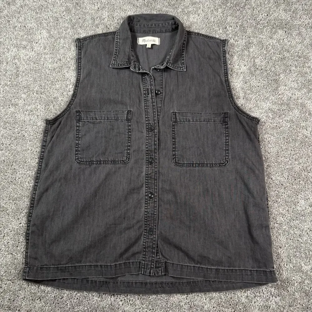 Madewell Women's M Denim Button Front‎ Long Vest Gray Wash Bikerchic
